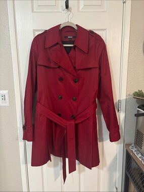 DKNY Women's Red Double-Breasted Trench Coat
